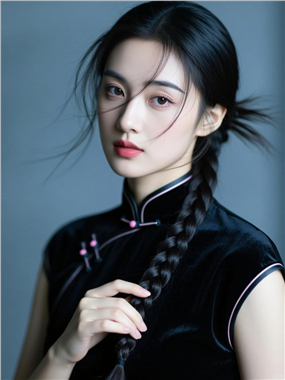 墨色古风旗袍麻花辫美女古典图片